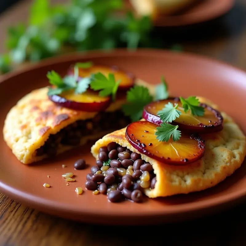 Arepas doradas de quinoa abiertas por la mitad, rellenas de frijoles negros cremosos con cilantro y rodajas de plátano maduro caramelizado, servidas en un plato de barro con fondo rústico.