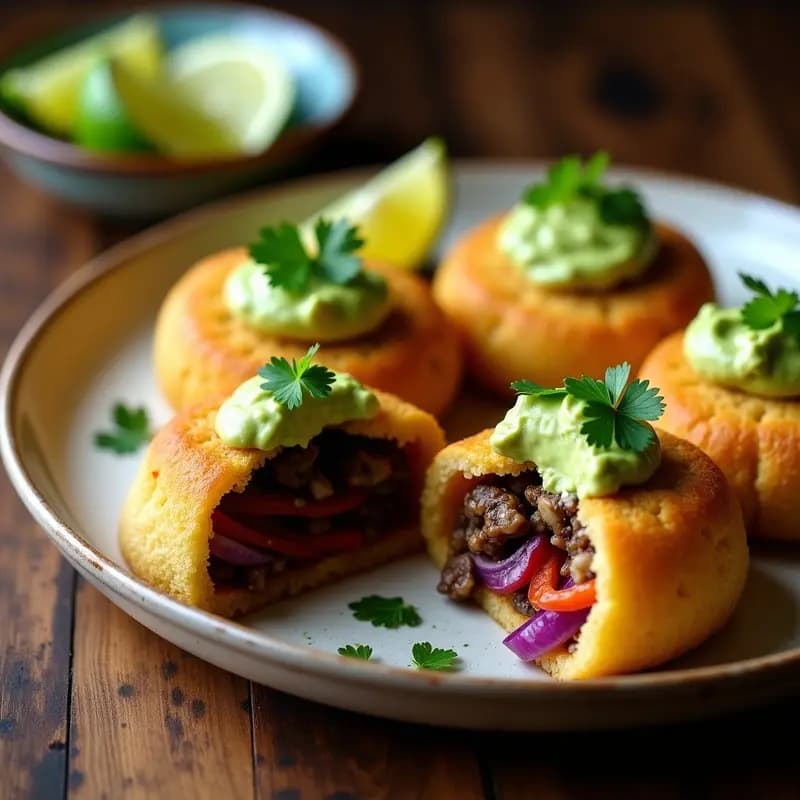 Arepas doradas de quinoa abiertas por la mitad, rellenas de hongos portobello salteados con cebolla morada y pimentón, acompañadas de aguacate y cilantro fresco. Plato vegano colombiano crujiente y alto en proteína, cocinado en airfryer.