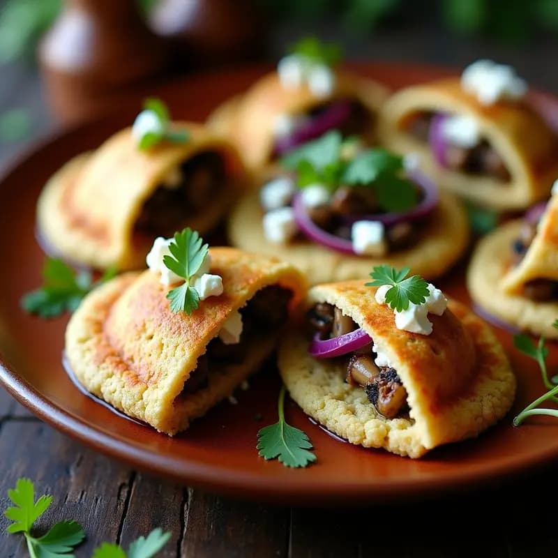 Arepas doradas de quinoa abiertas por la mitad, rellenas de hongos portobello salteados con cebolla morada y espolvoreadas con queso de cabra desmenuzado. Acompañadas de cilantro fresco y un chorrito de aceite de oliva sobre un plato de barro rústico.