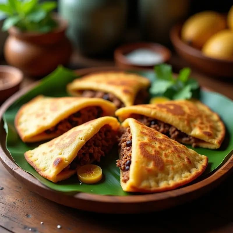 Arepas doradas de quinoa y ñame rellenas de pabello criollo, con carne mechada, frijoles rojos y rodajas de plátano maduro, servidas en un plato de madera rústico con fondo de hoja de plátano.