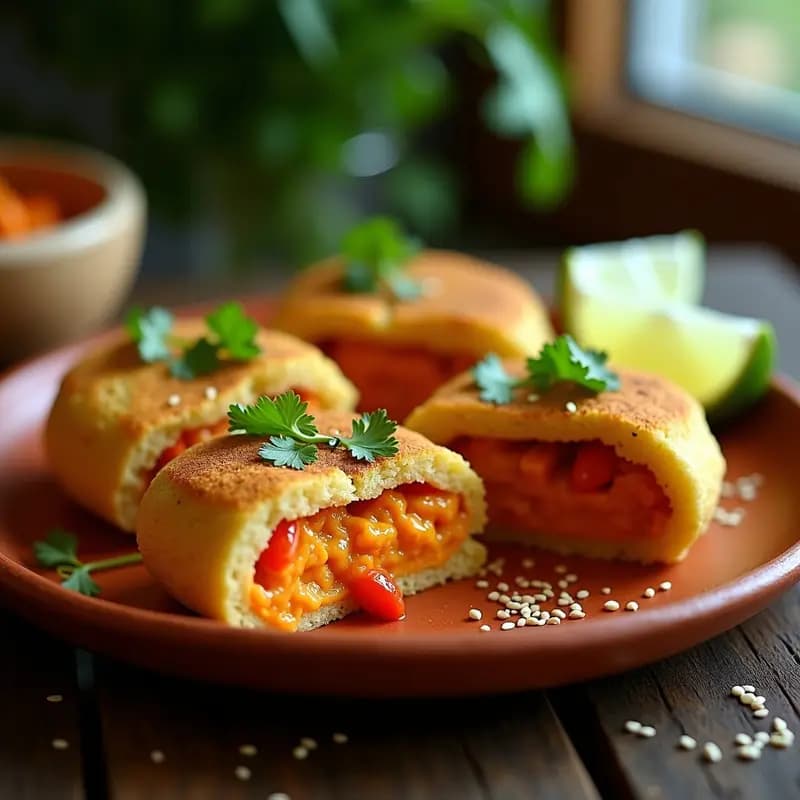 Arepas doradas de quinoa abiertas por la mitad, rellenas de pollo al curry con trozos de cebolla morada y cilantro fresco, servidas en un plato de cerámica blanca sobre fondo rústico de madera. Receta colombiana keto y sin gluten.