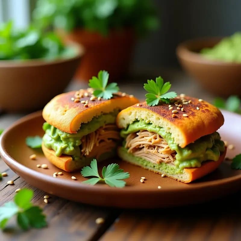 Arepas doradas de quinoa cortadas por la mitad, rellenas de pollo desmenuzado en especias y guasacaca cremosa de aguacate, decoradas con cilantro fresco y semillas de sésamo sobre un plato de madera rústica. Receta colombiana keto sin gluten.