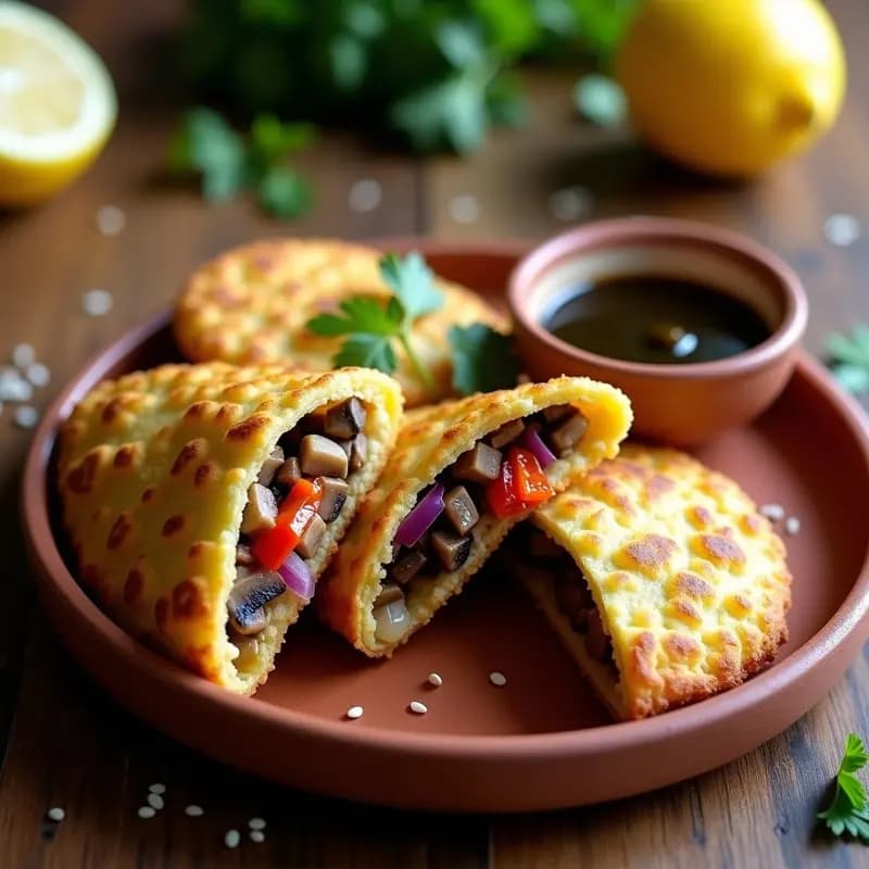 Arepas doradas de quinoa y champiñones portobello abiertas por la mitad, rellenas de una mezcla jugosa de champiñones salteados con cebolla morada y pimentón, servidas en un plato de barro sobre una mesa rústica con hierbas frescas de fondo.