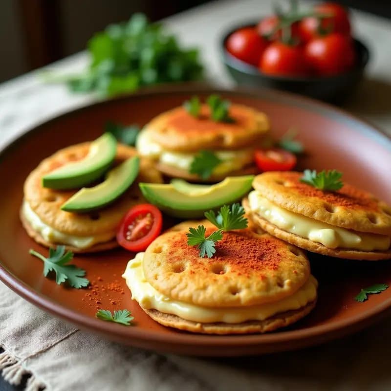 Arepas doradas de quinoa y queso de anacardos veganas, servidas abiertas con relleno cremoso de queso de anacardos, acompañadas de aguacate y tomate picado sobre un plato de barro rústico con fondo de tela de lino.