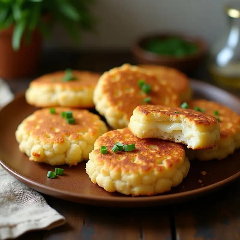 Arepas doradas y crujientes de quinoa y queso blanco sobre un plato de madera rústico, con textura esponjosa por dentro y acompañadas de cebollín fresco. Receta colombiana sin gluten en airfryer.