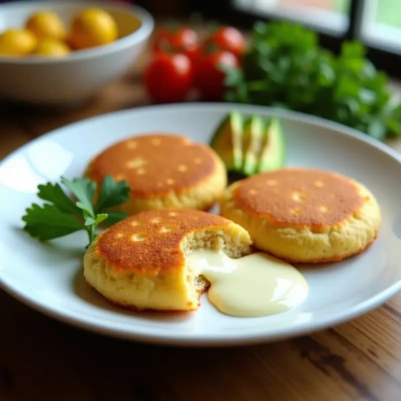 Arepas doradas de quinoa y queso blanco en un plato de cerámica blanca, con el queso derretido asomándose por los bordes, acompañadas de rodajas de aguacate y cilantro fresco. Desayuno venezolano proteico en airfryer.
