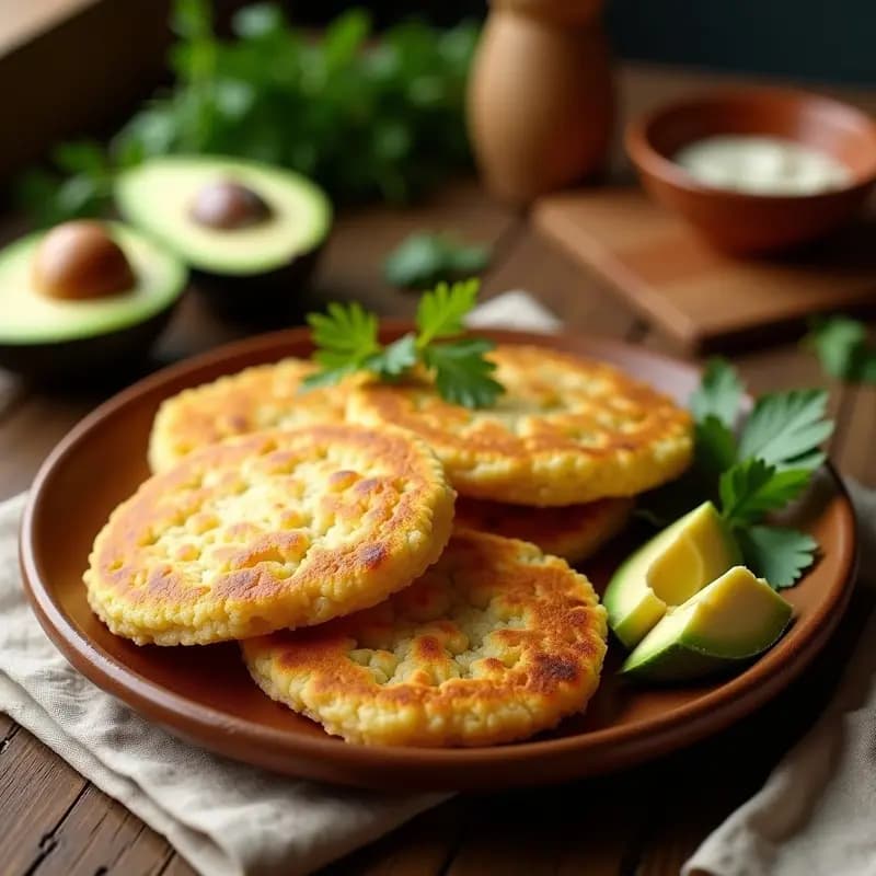 Plato de arepas doradas de quinoa y queso de cabra, con textura crujiente por fuera y cremosa por dentro, servidas sobre una tabla de madera rústica con rodajas de aguacate y perejil fresco. Desayuno colombiano sin gluten y alto en proteína.