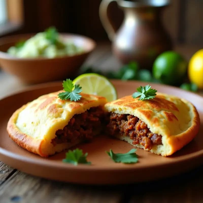 Arepas doradas y crujientes rellenas de carimañola colombiana, con el interior jugoso de carne mechada especiada, servidas sobre un plato de madera rústico con hojas de cilantro fresco y rodajas de limón al lado. Receta de fusión caribeña y sin gluten.