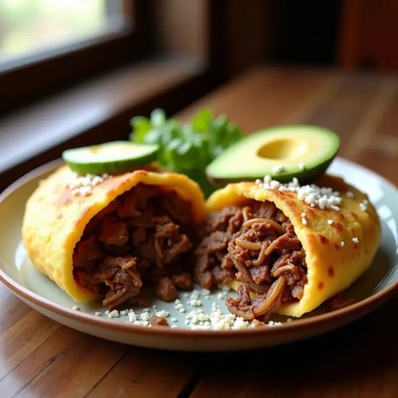 Plato con dos arepas venezolanas abiertas y rellenas de carne mechada jugosa, acompañadas de aguacate y queso blanco rallado, sobre fondo rústico de madera.