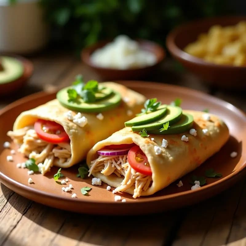 Arepas venezolanas doradas y crujientes abiertas por la mitad, rellenas de pollo desmenuzado, aguacate en rodajas y queso blanco, sobre un plato de madera rústico.