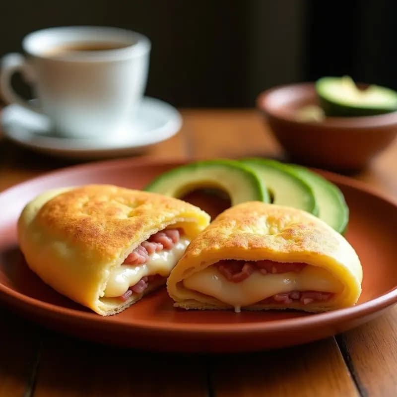 Arepas colombianas doradas rellenas de queso mozzarella derretido y jamón serrano, servidas en un plato de barro con aguacate al lado, receta tradicional para desayuno o cena.