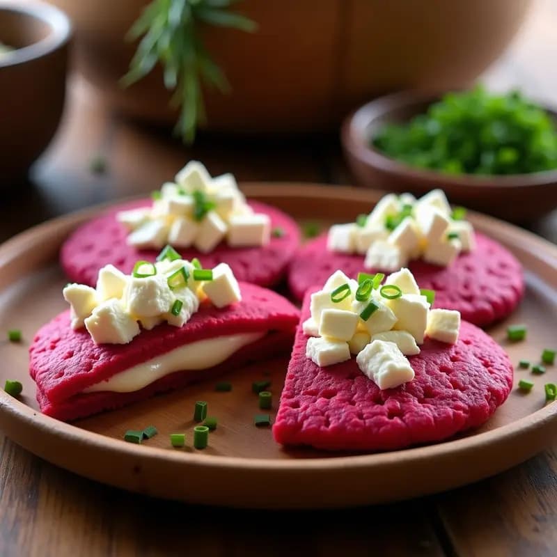 Arepas venezolanas de color rosa intenso abiertas por la mitad, rellenas de queso feta blanco desmenuzado y espolvoreadas con cebollino verde, servidas en un plato de madera rústico con fondo borroso.
