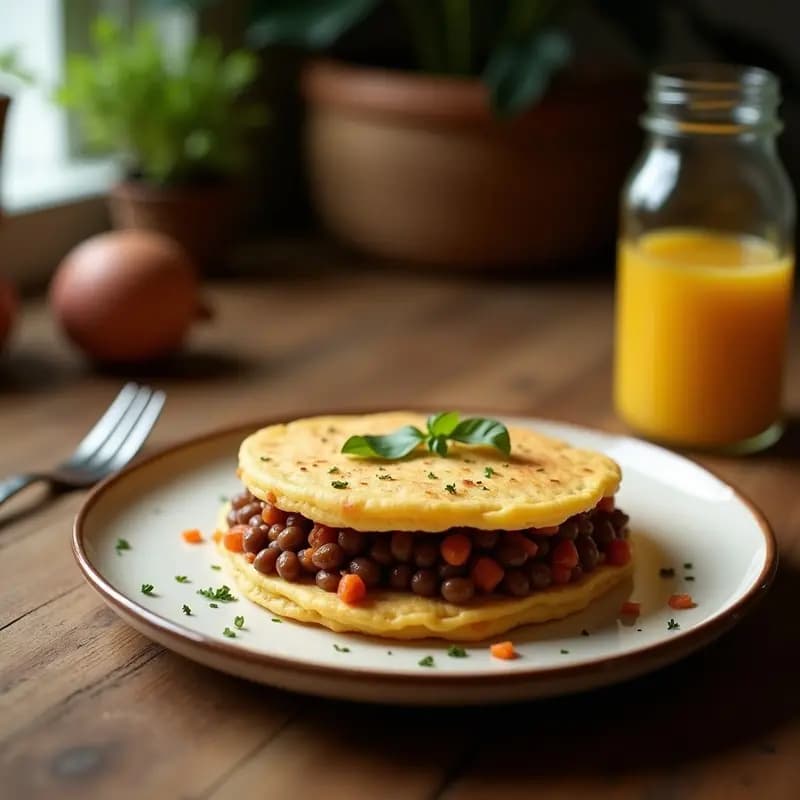 Arepas venezolanas de dominó doradas y crujientes, abiertas por la mitad y rellenas de frijoles negros estofados y queso blanco desmenuzado, servidas en un plato de barro con cilantro fresco espolvoreado.