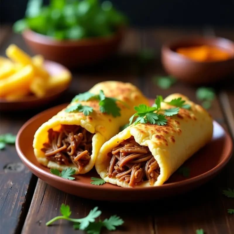 Plato tradicional venezolano con arepas de maíz blanco doradas y abiertas, rellenas de pernil desmenuzado jugoso y espolvoreadas con cilantro fresco, servidas sobre una mesa rústica de madera.
