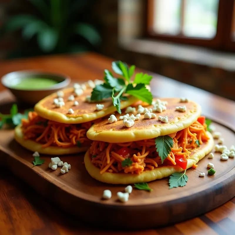 Arepas venezolanas doradas y crujientes rellenas de pollo desmenuzado jugoso, queso blanco y huevo, servidas en plato rústico con fondo de madera. Receta tradicional en sartén antiadherente.