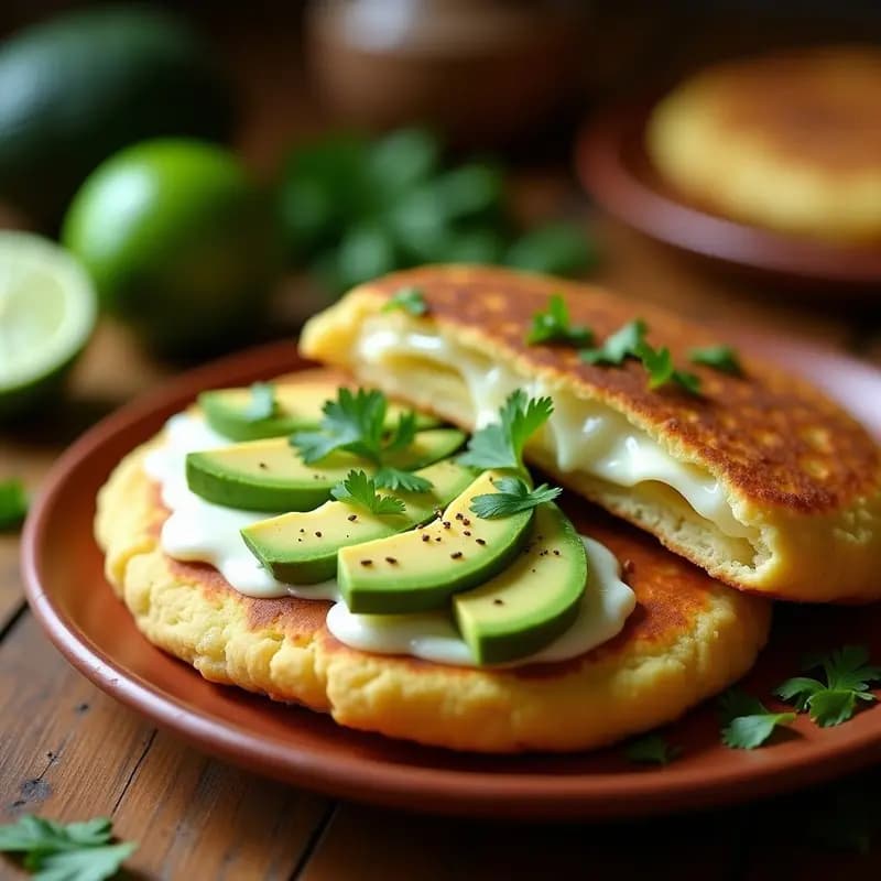 Arepas venezolanas doradas abiertas por la mitad, rellenas de queso blanco derretido y rodajas de aguacate fresco, servidas en un plato de barro con cilantro picado y limón al lado.