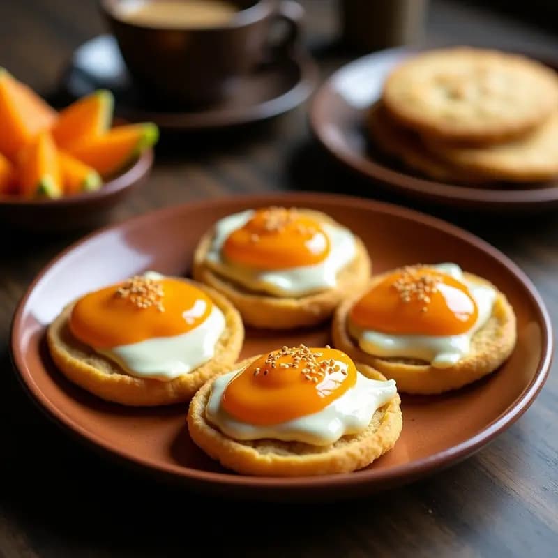 Arepas venezolanas doradas y esponjosas con láminas de queso blanco derritiéndose, coronadas con mantequilla de guayaba brillante y semillas de sésamo tostadas, servidas en un plato de barro rústico con fondo de madera oscura.