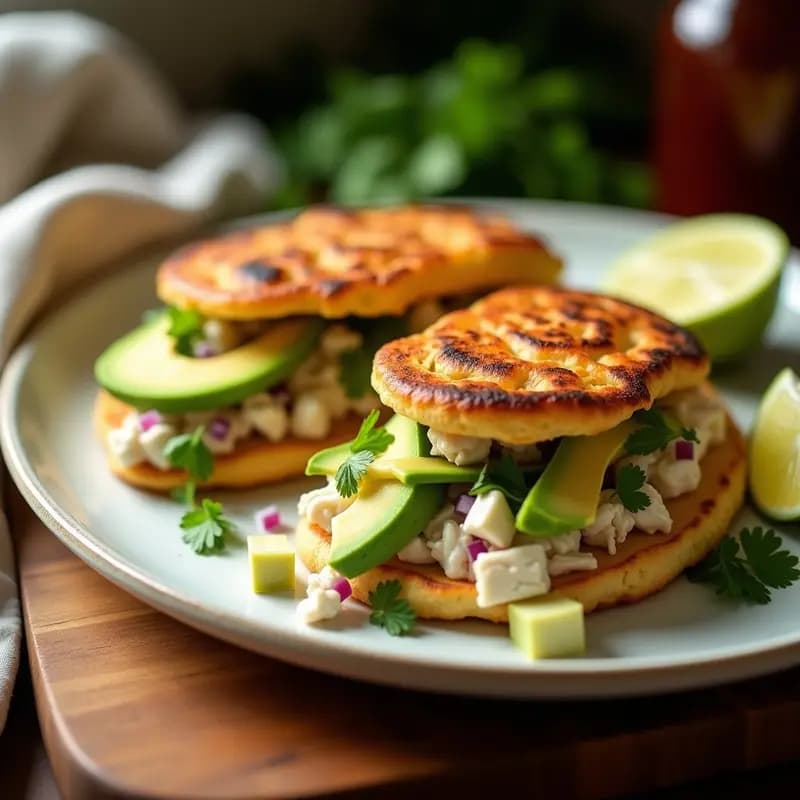 Arepas venezolanas doradas y esponjosas abiertas por la mitad, rellenas generosamente de reina pepiada cremosa con trozos de pollo, aguacate y cilantro fresco. Plato tradicional servido en un mantel rústico con limones al lado.