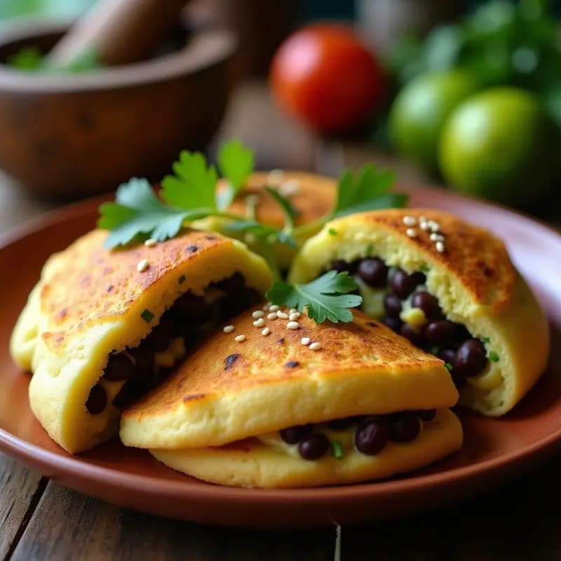 Arepas doradas de yuca rellenas de cremoso aguacate verde y frijoles negros especiados, decoradas con cilantro fresco y semillas de sésamo sobre un plato de barro rústico, con fondo de cocina tradicional colombiana.