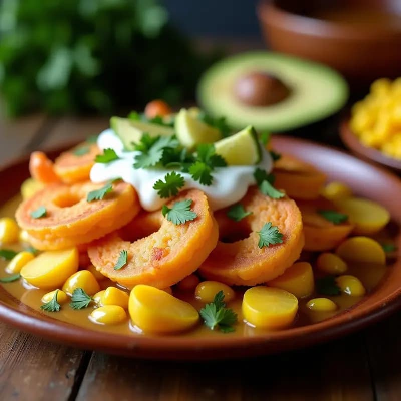 Arepas doradas y crujientes de yuca rellenas de camarones, servidas en plato de barro con ajiaco de guascas espeso y cremoso, decoradas con cilantro fresco y rodajas de limón, receta colombiana tradicional.