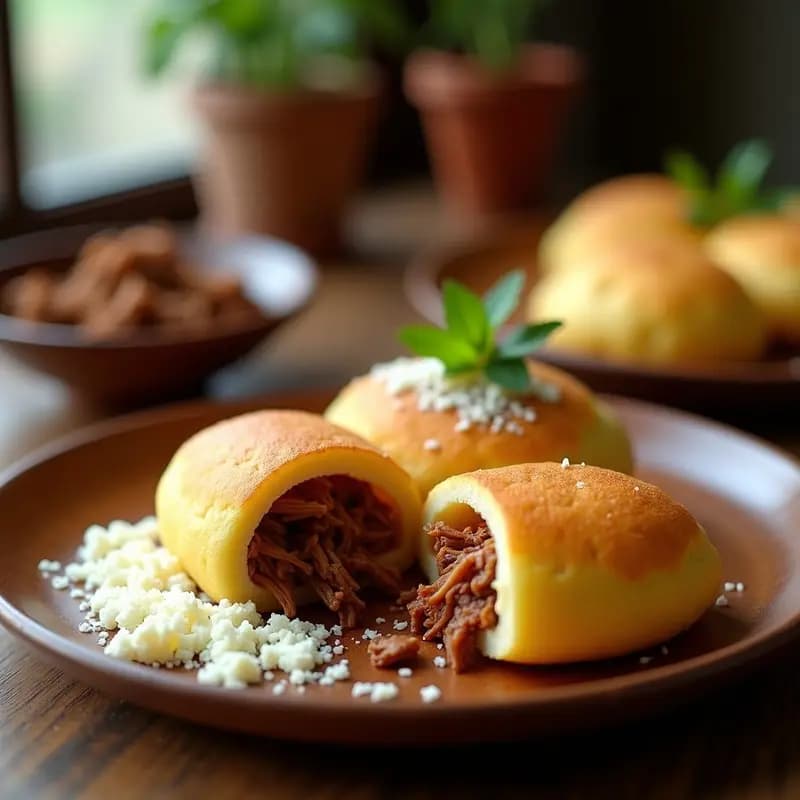 Arepas de yuca doradas y crujientes rellenas de carne desmechada jugosa, servidas en un plato de barro con cilantro fresco. Receta venezolana sin gluten en airfryer.
