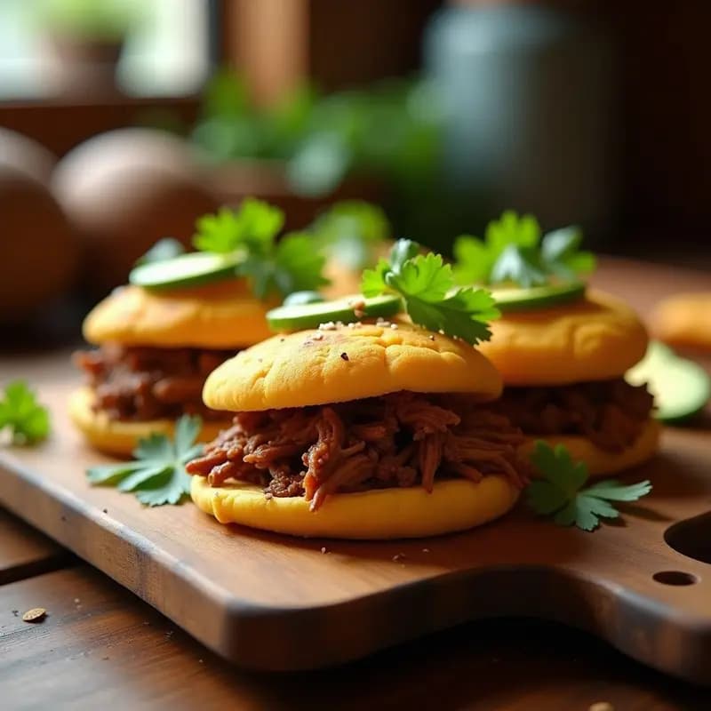 Arepas doradas de yuca rellenas de carne mechada keto, servidas en un plato de madera con cilantro fresco y rodajas de limón, receta colombiano-venezolana sin harina.