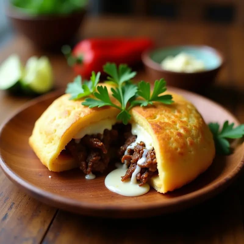 Arepas venezolanas de yuca doradas horneadas, rellenas de carne mechada jugosa y queso blanco derretido, decoradas con cilantro fresco sobre un plato de madera rústico.