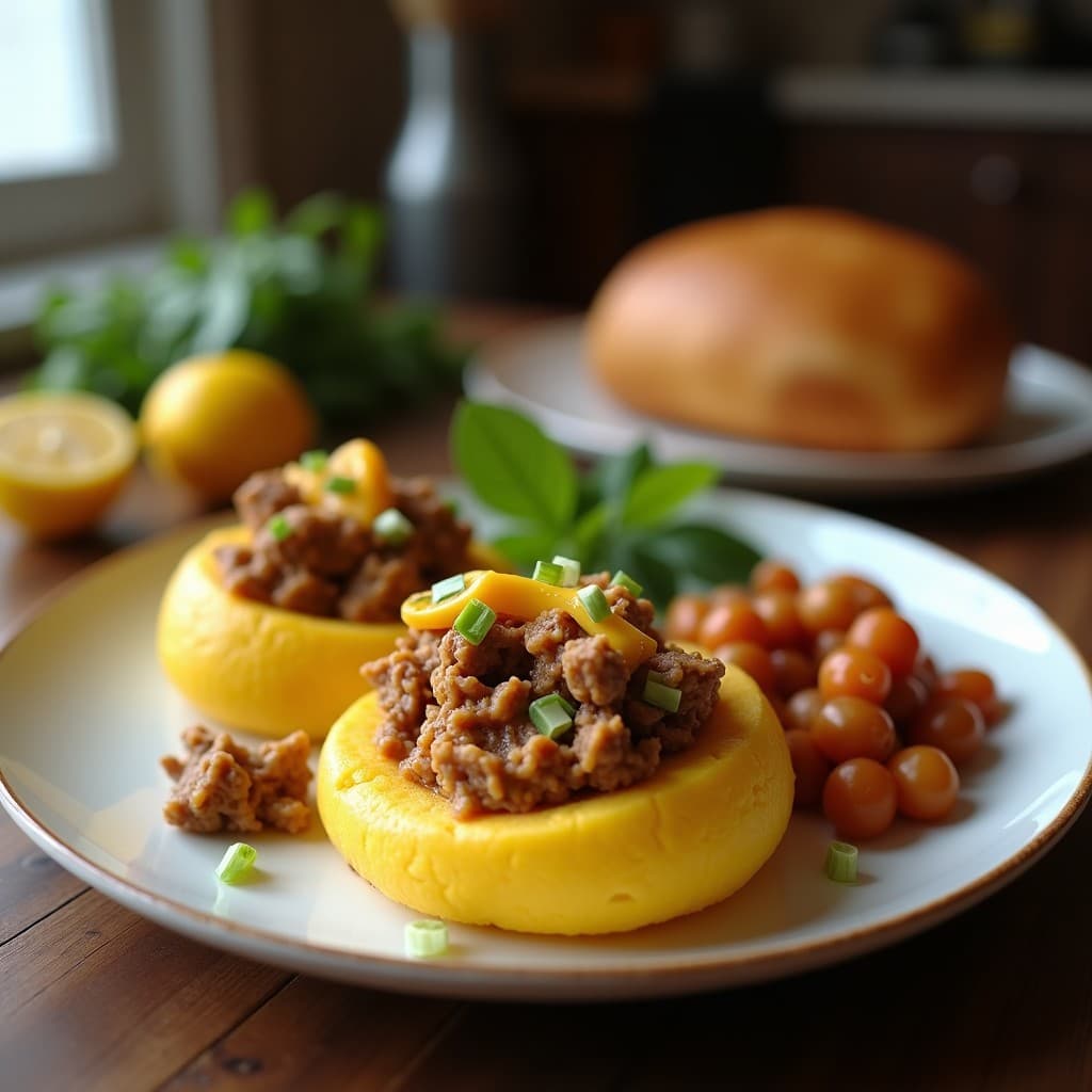 Arepas doradas de yuca rellenas de carne mechada vegetal y queso vegano derretido, servidas en un plato de madera con cilantro fresco y rodajas de limón, receta colombiana sin gluten.