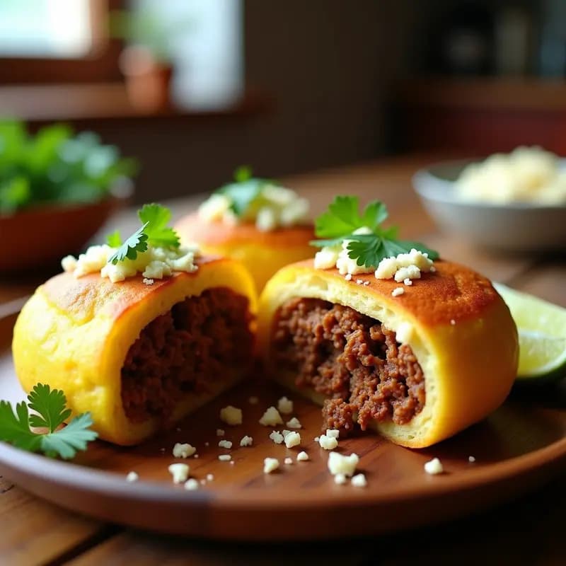 Arepas doradas de yuca rellenas de carne mechada desmenuzada con especias, servidas en un plato rústico con cilantro fresco y rodajas de limón, desayuno colombiano alta en energía.