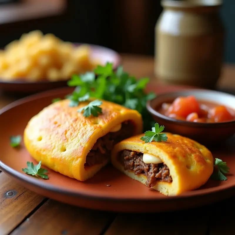 Arepas doradas de yuca rellenas de carne desmenuzada y queso palmita, servidas en un plato de barro con cilantro fresco y hogao al lado. Receta colombiana tradicional sin gluten.
