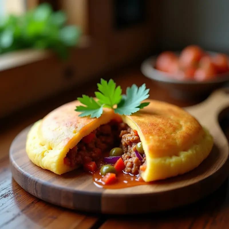 Arepas de yuca doradas rellenas de carne en salmorejo, con trozos de pimiento y aceitunas visibles, servidas en un plato de barro con fondo rústico.