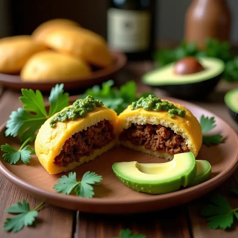 Arepas doradas de yuca abiertas por la mitad, rellenas de carnitas veganas de jackfruit desmenuzado y bañadas con chimichurri verde cremoso. Plato colombiano sin gluten servido en un plato de barro con hierbas frescas de decoración.