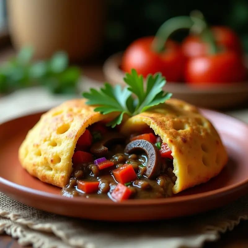 Arepas doradas de yuca cortadas por la mitad, rellenas de un guiso espeso de champiñones portobello, cebolla morada y pimiento rojo, decoradas con cilantro fresco sobre un plato de barro rústico.