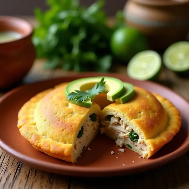 Arepas de yuca doradas y crujientes abiertas por la mitad, rellenas de pollo desmechado jugoso con cilantro y láminas de aguacate verde, servidas en un plato de barro rústico con fondo de cocina tradicional venezolana.