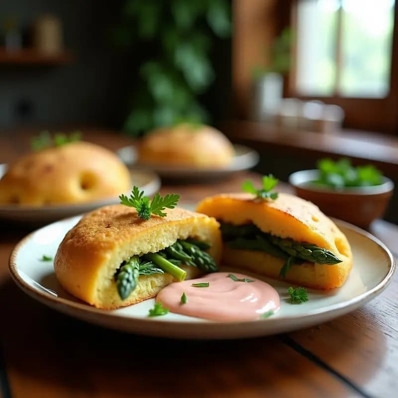 Arepas doradas de yuca abiertas por la mitad, rellenas de espárragos trigueros salteados y bañadas con salsa rosa cremosa, decoradas con perejil fresco. Plato típico colombiano sin gluten sobre fondo de madera rústica.