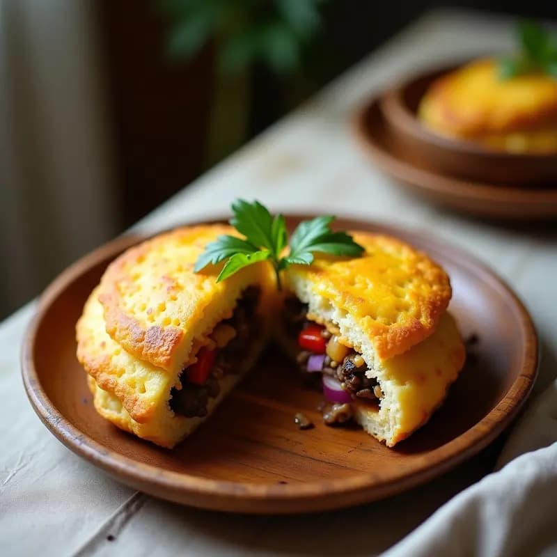 Arepas doradas de yuca fermentada abiertas por la mitad, rellenas de una mezcla jugosa de hongos shiitake salteados con cebolla morada y pimentón, cubiertas de queso vegano de almendras derretido. Servidas sobre un plato de madera rústico con hojas de perejil fresco.