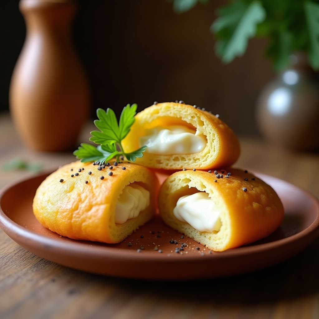 Arepas doradas y crujientes de yuca fermentada rellenas de queso de soja cremoso, servidas en un plato de barro con hierbas frescas. Receta colombiana vegana y probiótica.