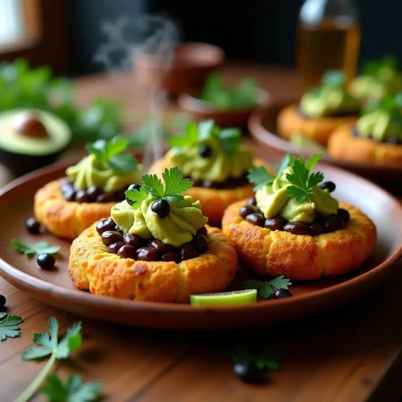 Arepas doradas y crujientes de yuca sin harina, rellenas de frijoles negros especiados y coronadas con crema de aguacate fresco, cilantro y rodajas de limón, servidas en un plato de barro sobre fondo rústico.