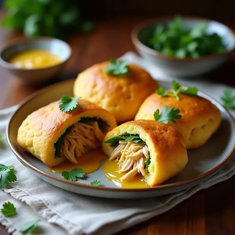 Arepas doradas de yuca abiertas por la mitad, rellenas de gallina desmenuzada en una salsa brillante de mostaza y miel, decoradas con perejil fresco sobre un plato rústico de barro. Receta colombiana gourmet de arepas de yuca con gallina en salsa de mostaza y miel.