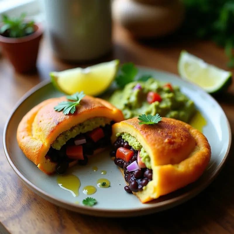 Arepas doradas de yuca cortadas por la mitad, rellenas de guacamole cremoso verde y frijoles negros especiados, servidas en un plato de barro con cilantro fresco y rodajas de limón. Receta vegana y sin gluten.