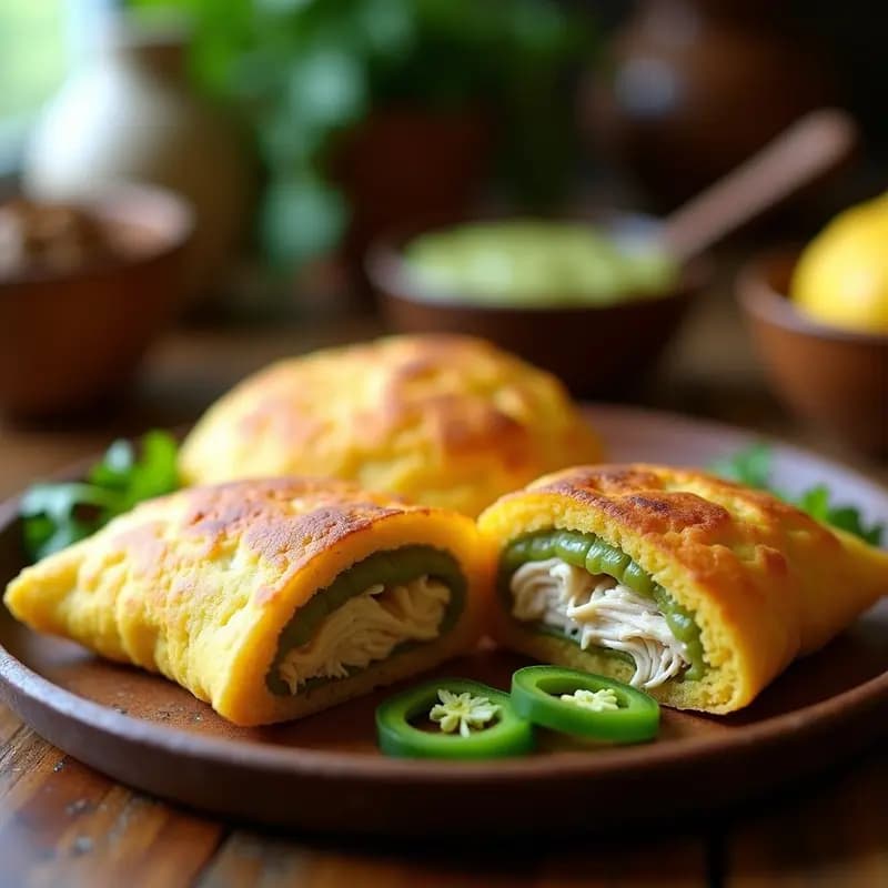 Arepas doradas y crujientes de yuca rellenas de guasacaca cremosa y pollito desmenuzado, servidas en plato rústico con hojas de cilantro y rodajas de ají verde, típico desayuno colombiano tradicional.