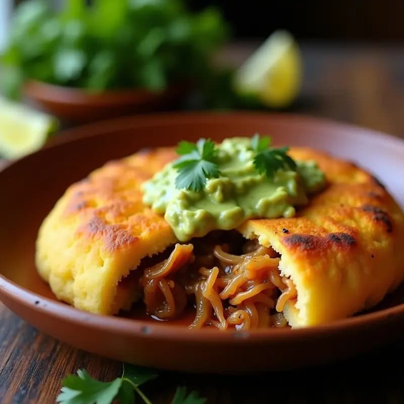Arepas doradas de yuca rallada abiertas por la mitad, rellenas de tiras jugosas de pull apart de pollo y una cremosa guasacaca verde. Plato tradicional venezolano sin harina, servido en un plato rústico de barro con fondo de madera oscura.