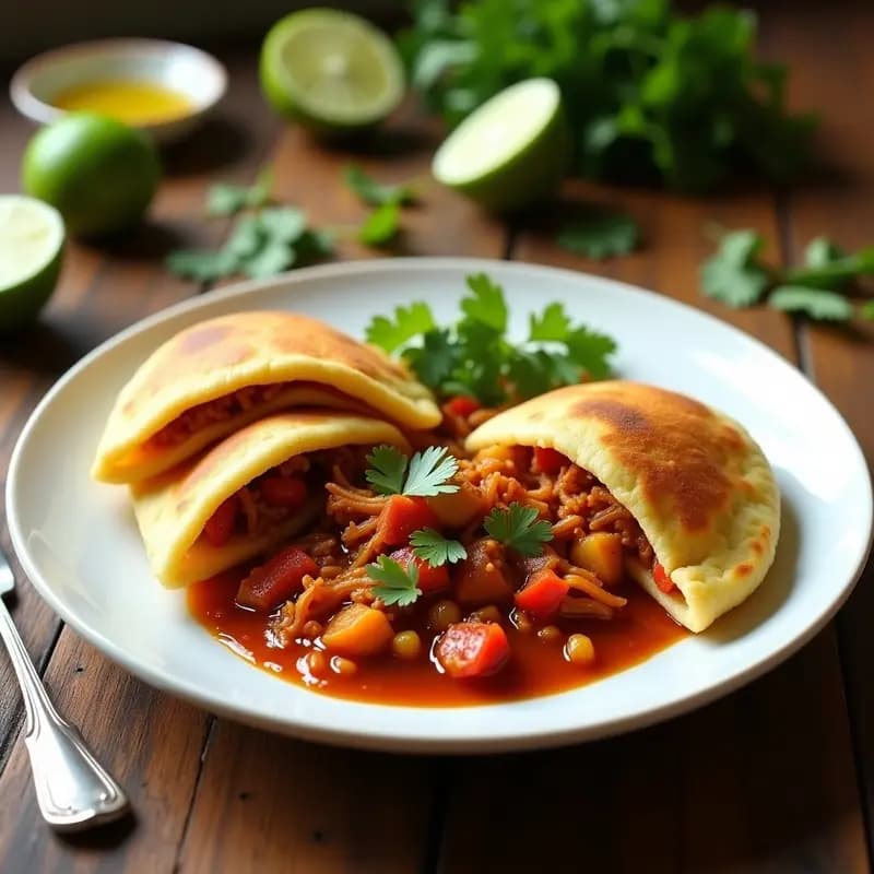 Plato con arepas doradas de yuca abiertas, rellenas de guiso de jackfruit desmenuzado con cebolla, tomate y especias, decoradas con cilantro fresco. Receta colombiana vegana y alta en fibra.