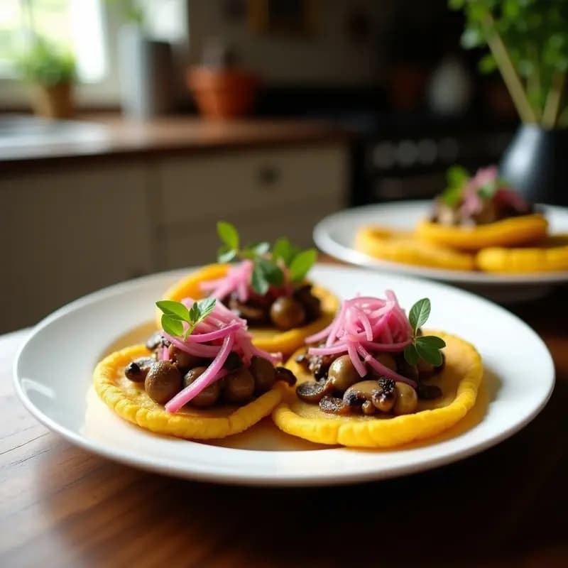 Arepas doradas y crujientes de yuca rellenas de un guiso oscuro de hongos portobello y shiitake con cebolla morada caramelizada, servidas en un plato de barro rústico con hojas de cilantro fresco espolvoreadas. Receta colombiana sin harina y vegana.