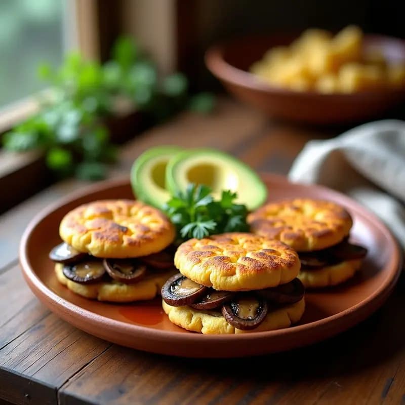 Arepas doradas de yuca rellenas de hongos portobello asados y queso vegano desmenuzado, servidas en un plato de barro con aguacate y perejil fresco. Receta de arepas de yuca y hongos portobello, desayuno colombiano vegano y sin harina.