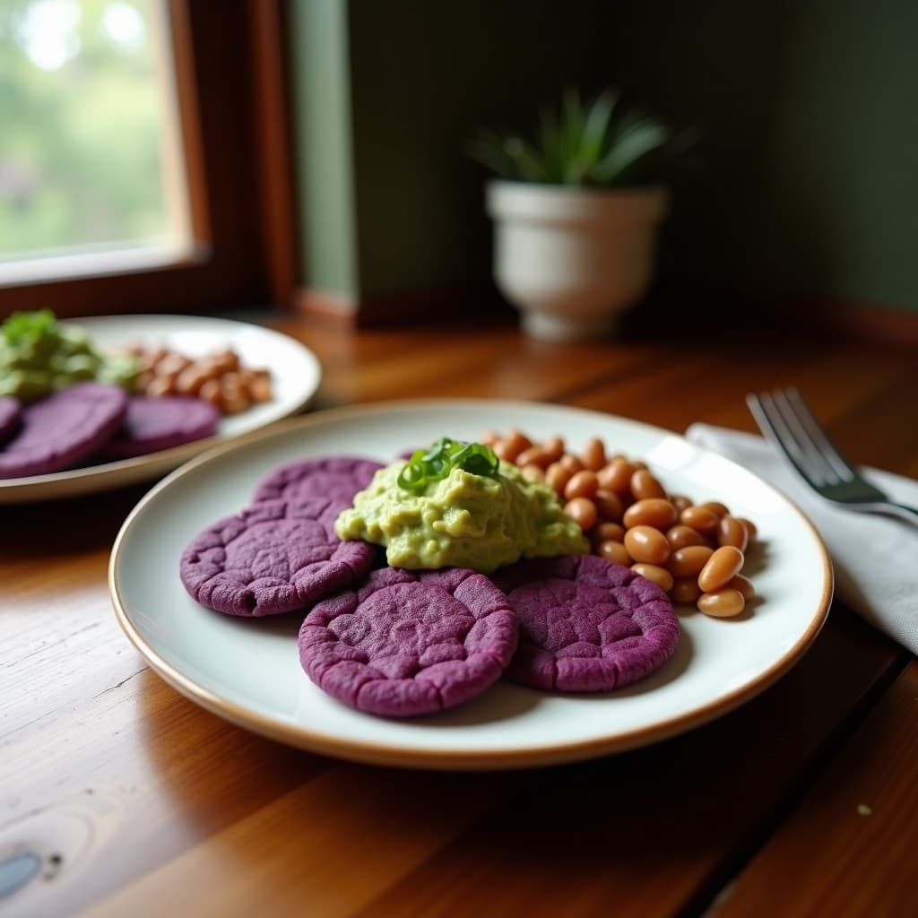 Arepas de yuca morada doradas y humeantes, cortadas por la mitad y rellenas de guacamole cremoso verde y frijoles negros estofados, servidas en un plato de barro con decoración de cilantro fresco y rodajas de limón.