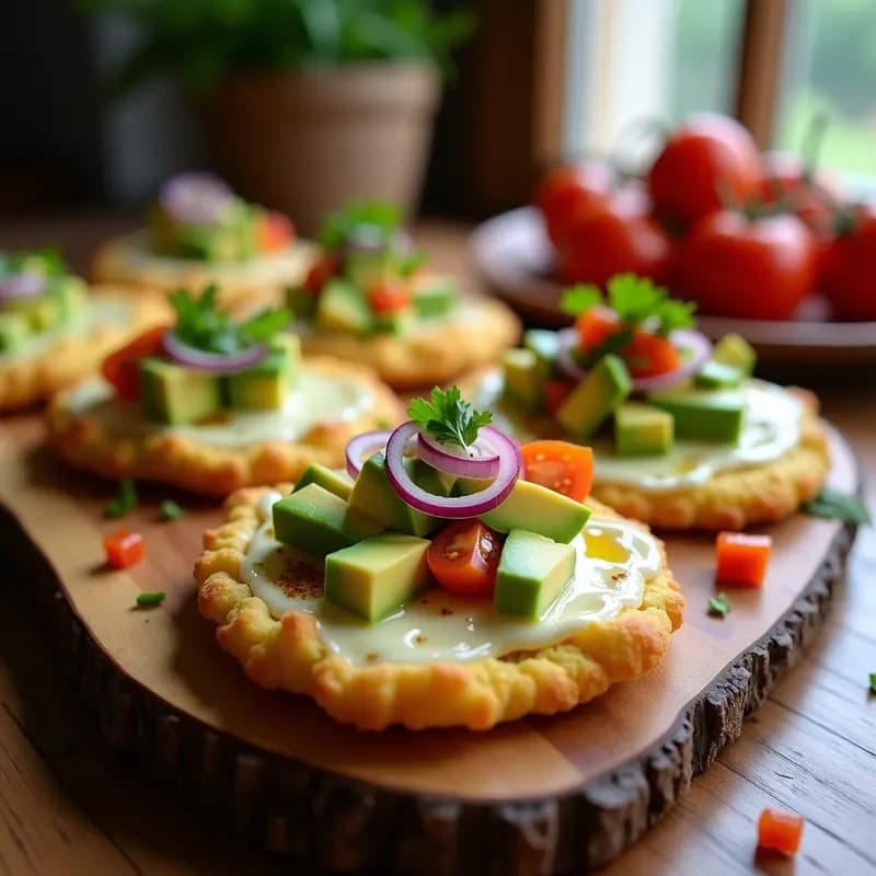 Arepas doradas de yuca y queso mozzarella derretido sobre una bandeja de madera rústica, acompañadas de toppings frescos de aguacate, cebolla morada, tomate y cilantro, con un hilo de aceite de oliva. Receta colombiana sin gluten.