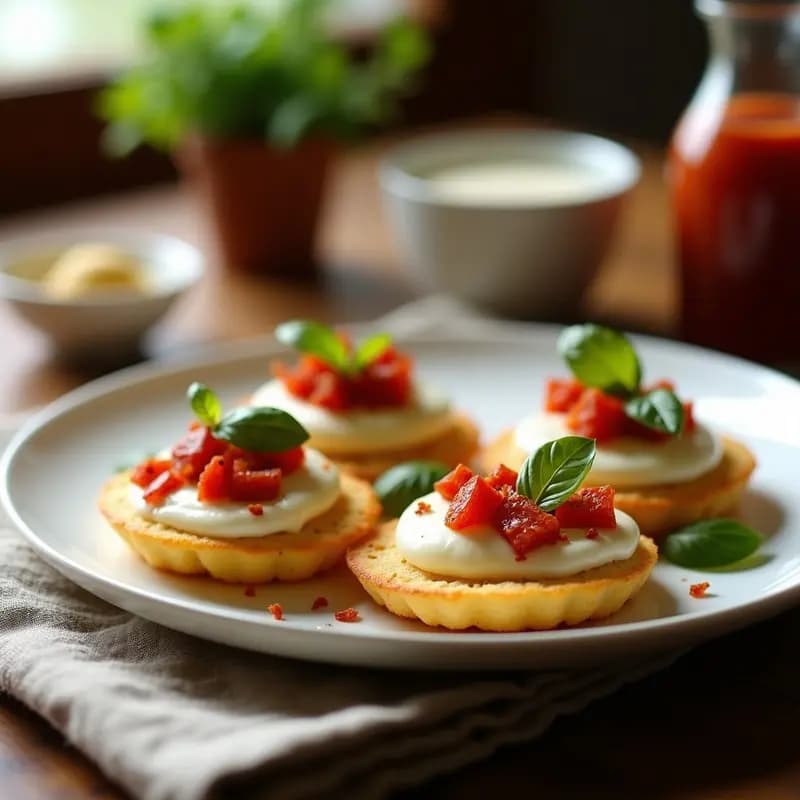 Arepas doradas de yuca con queso mozzarella derretido y topping de tomate seco y albahaca, servidas en plato blanco sobre fondo rústico. Desayuno sin gluten.