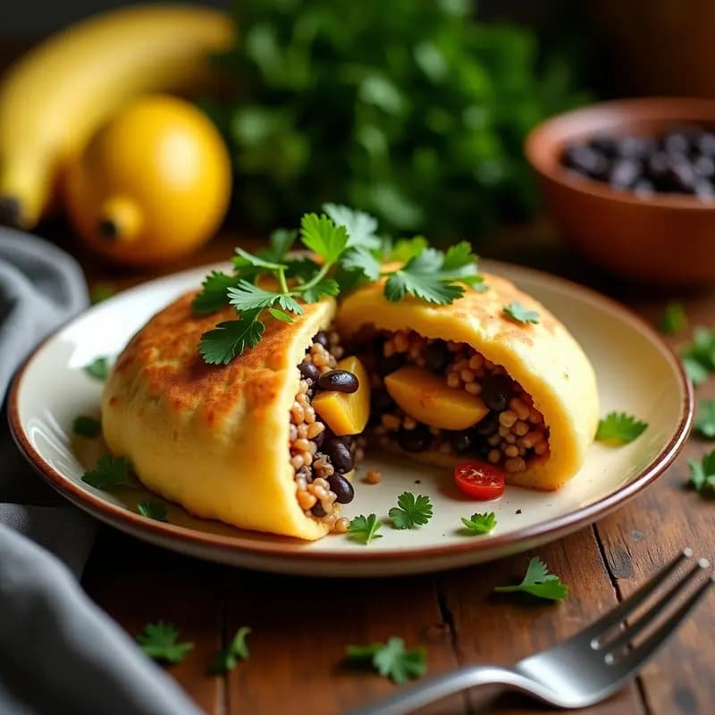 Arepas doradas de yuca rellenas de pabellón criollo vegano con frijoles negros, seitán y plátano caramelizado, servidas en un plato de cerámica blanca con hojas de cilantro fresco. Receta colombiana sin harina de maíz.