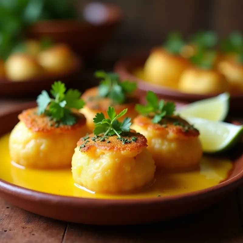 Arepas doradas y crujientes de yuca rellenas de pescado desmenuzado en salsa de ají amarillo, servidas en un plato de barro con rodajas de limón y cilantro fresco, receta colombiana tradicional.
